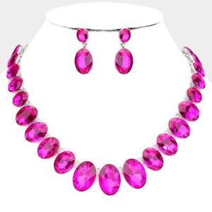 Oval Fuchsia Crystal Link Evening Silver Necklace Set